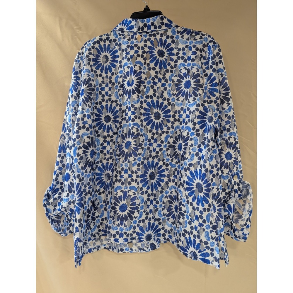 Ruby Rd. Woman 16W Blue Floral Blouse Roll Tab Sleeve Sheer Lightweight Top - Picture 5 of 5